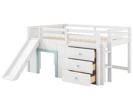 Modern Low Loft Bed With Slide, 3 Storage Drawers, And 2 Doors