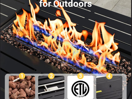 Outdoor 2 In 1 Gas Fire Pit Table With Lid & Glass Shield, Stainless Burner, Lava Rock, Rectangular Design - Black
