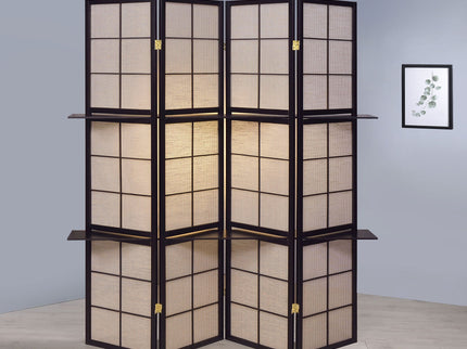 4 Panel Folding Screen With Shelves - Brown