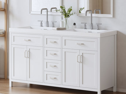 59.1" Minimalist Double Sink Bathroom Vanity With Top, Soft Close Doors & Drawers - White