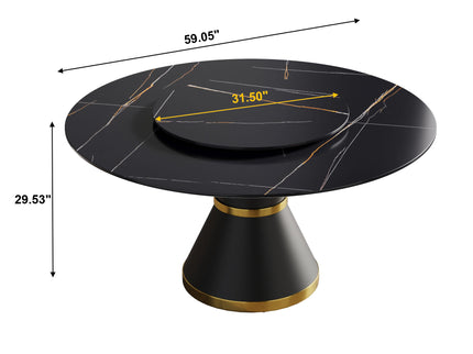 Modern Artificial Stone Round Carbon Steel Base Dining Table, Can Accommodate 6 People Artificial Stone Turntable - Black