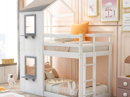 Bunk Bed Wood Bed & Roof, Window, Guardrail, Ladder