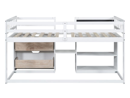 Low Loft Bed With Rolling Desk, Shelf And Drawers
