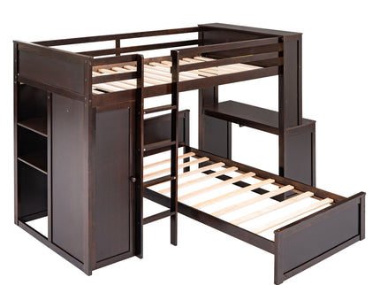 Loft Bed With A Stand Alone Bed, Shelves, Desk, And Wardrobe