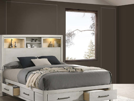 Transitional Bed With Smooth Gliding Drawers, Built In Lights, Open Headboard Shelves