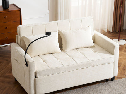 Pull-Out Sleeper Sofa With Reversible Backrest Cushion, Side Pockets, 2 USB Ports And A Phone Holder For Living Room