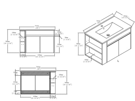 Floating Bathroom Vanity Cabinet, Soft Close Double Drawers, Open Side Storage, Wall Mounted, Cabinet Only