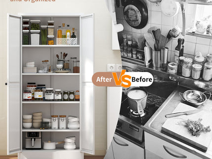 Kitchen Pantry Cabinet Adjustable Storage With 4 Shelves, Heavy Duty Freestanding Pantry Organizer - White