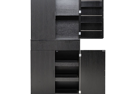 Fluted Kitchen Pantry Cabinet With 3 Keyboard Drawers & 6 Adjustable Door Shelves