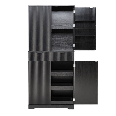 Fluted Kitchen Pantry Cabinet With 3 Keyboard Drawers & 6 Adjustable Door Shelves