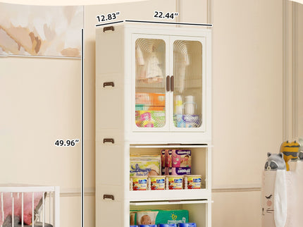 Portable Wardrobe Closet Storage Organizer With Magnetic Doors And Hanging Rod - Cream White