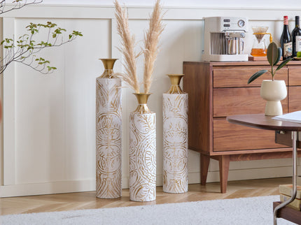 Floor Metal Vases Decorated Metal Vases (Set of 3) Gorgeous Home Decoration Large Glazed Metal Vases - White / Gold