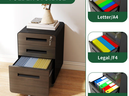 3-Drawer Mobile File Cabinet With Lock, On Casters, Holds A4/Letter Files
