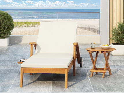 Versatile Chaise Lounge With Wheels Acacia Wood Recliner For Patio - Cream