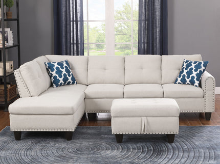 Alger - Wide Left Hand Facing Sofa & Chaise With Ottoman - Beige