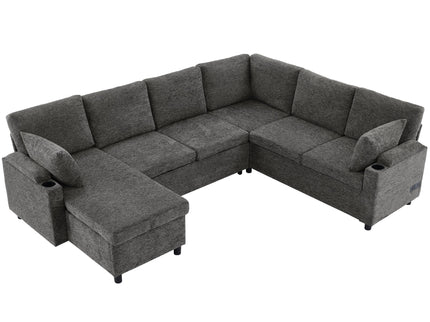 U-Shaped Sectional Sleeper Sofa With Ample Storage Space, 2 Cup Holders And Charging Ports For Living Room