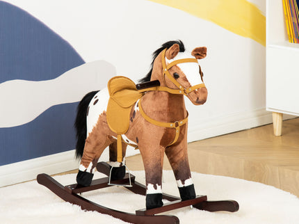 Qaba - Kids Metal Plush Ride-On Rocking Horse Chair Toy With Realistic Sounds - Dark Brown / White