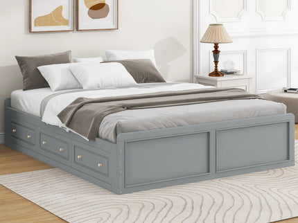 Queen Size Platform Bed Frame With 6 Drawers - Gray