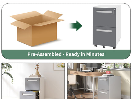 2-Drawer Mobile File Cabinet With Lock,On 360° Wheels, Holds A4/Letter/Legal Files - White