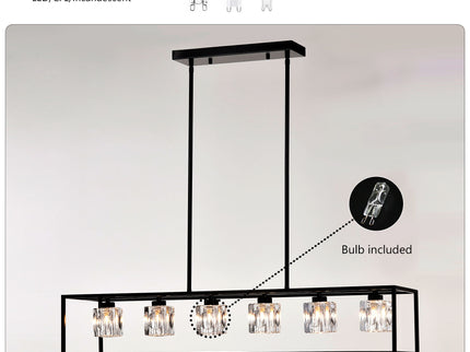 6 Light Farmhouse Chandelier, Modern Industrial Linear Rectangular Crystal Pendant Light Cage Chandelier For Dining Room, Kitchen Island, Bar, Long Table, G9*6 Bulbs Included - Matte Black