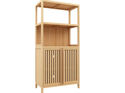 Neutral - Bamboo Storage Cabinet Freestanding With 2 Doors For Bathroom, Living Room, Kitchen, And Entryway - Neutral
