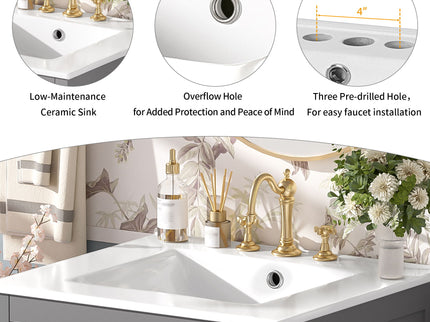 Bathroom Vanity With Integrated Undermount Ceramic Sink, 2 Doors And 1 Drawer, Soft Close Hinges