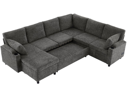 U-Shaped Sectional Sleeper Sofa With Ample Storage Space, 2 Cup Holders And Charging Ports For Living Room