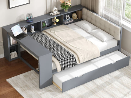 Upholstered Headboard Platform Bed With Storage Shelves, Trundle, Charging Station