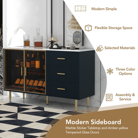 Modern Sideboard Buffet Cabinet Marble Sticker Tabletop And Amber- Tempered Glass Doors With Metal Legs & Handles