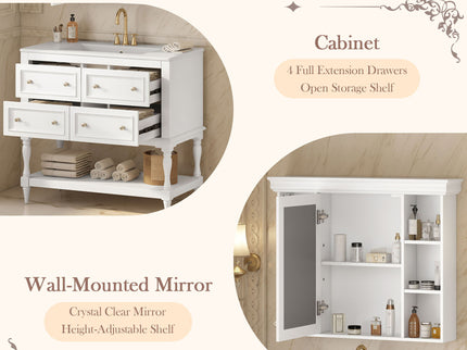 Bathroom Vanity With Medicine Cabinet, Storage Cabinet With 4 Drawers, Adjustable Shelf Mirror
