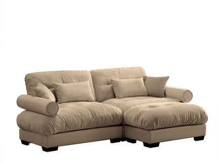 Modern Sectional Sofa With Ottoman, Round Bolster Armrests, Waist And Throw Pillows