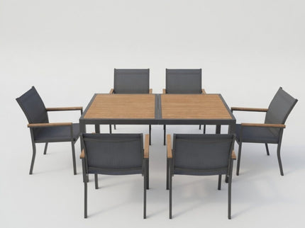 7 Piece Gray Aluminum Patio Dining Set With Textilene Chairs For Outdoor Living Frame With Accents, 59" Rectangle Table, All Weather Durable