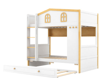 Bunk Bed With House Shaped Guardrails, Storage Shelves, And Trundle