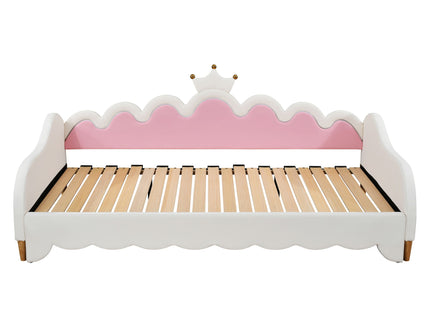 Extending Daybed With LED Lights, Modern Upholstered Princess Daybed With Crown Headboard
