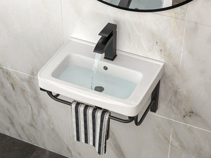 Wall Mounted Rectangular Bathroom Sink With 304 Stainless Steel Towel Bar & Overflow - White