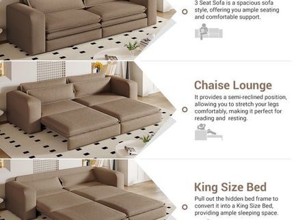 King Size Sleeper Pull Out Sofa Bed, 3 In 1 Convertible Chaise Lounge With 2 Pillows For Living Room - Camel
