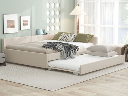 Queen Size Upholstered Platform Bed With USB And Twin Trundle - Beige