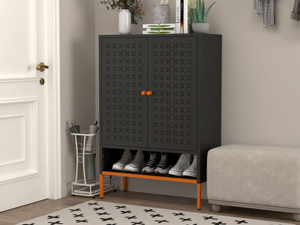 Grid Double Door Shoe Cabinet With Adjustable Compartments And Moisture-Proof Design In Metal
