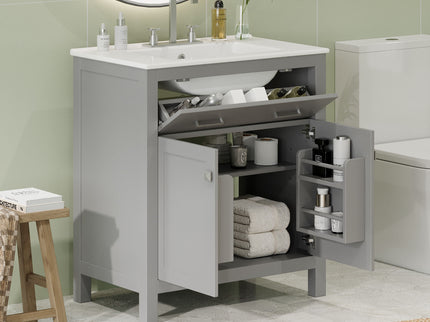Bathroom Vanity With Ceramic Sink, Modern Single Bathroom Cabinet With 2 Doors And A Shelf, Soft Close Doors