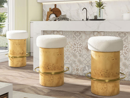 Nebula - Backless Round Upholstered Counter Stool With Burl - Ivory White