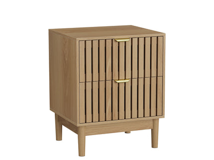 Bedside Table With Grille Design And 2 Drawers, Side Table For Bedroom - Oak