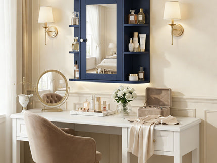 Bathroom Wall Storage Cabinet With Mirror And Adjustable Shelf, 6 Open Shelves