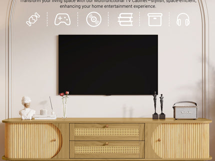 Rattan TV Stand For Tvs Up To 75'', Modern Farmhouse Media Console, Entertainment Center With Legs, TV Cabinet For Living Room, Home Theatre - Natural Wood