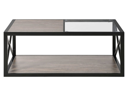Industrial Style Coffee Table For Bedroom & Living Room With Tempered Glass & Wood Grain - Wood