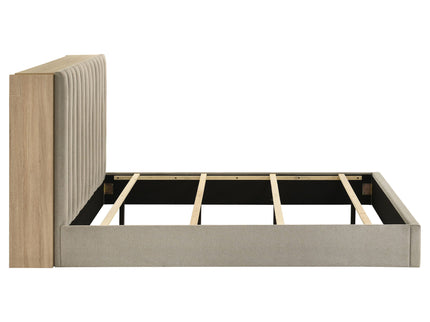 Merritt - Queen Bookcase Storage Bed With Tufted Headboard - Light Oak / Light Tan