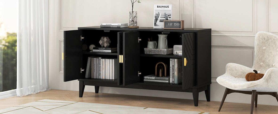 4 Door Sideboard Storage Cabinet For Living Room And Dining Room, 2 Large Cabinets With Gold Handles And Adjustable Shelf - Black