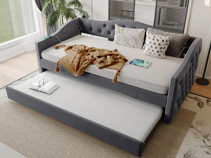 Twin Size Upholstered Daybed With Trundle And USB Charging Design For Bedroom - Gray