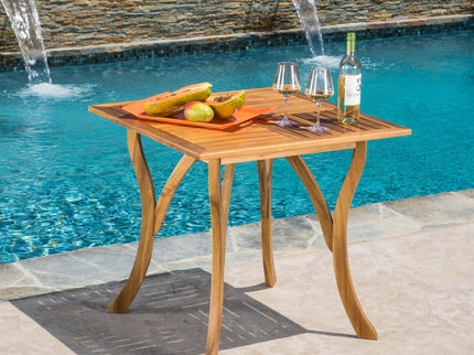 Outdoor Rectangular Table With Curved Legs And Perpendicular Wooden Slats Table Top