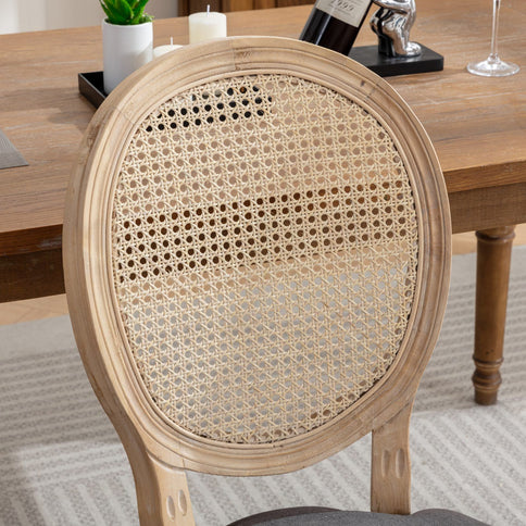 French Style Solid Wood Frame Antique Painting Fabric Rattan Back Dining Chair (Set of 2)