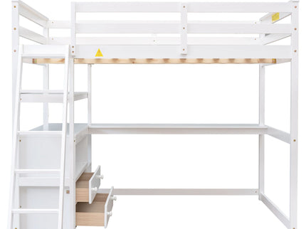 Modern Loft Bed With Built In Desk, Shelves, And 2 Drawers